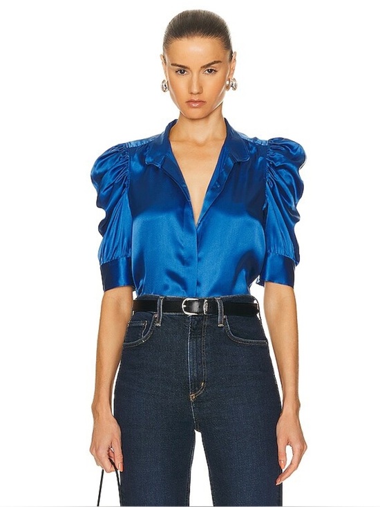 Frame Denim Tops - FRAME Women's Blue Silk Puff Sleeve Blouse XS